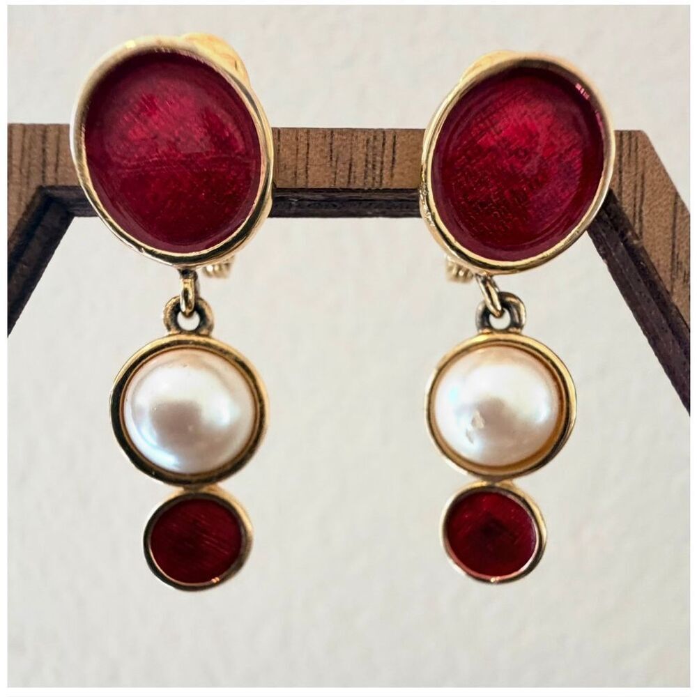 Monet Red Cabochon Faux Pearl Drop Clip Earringsp